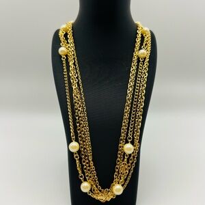 Vintage Gold Tone Multi-Strand Faux Pearl Layered Necklace